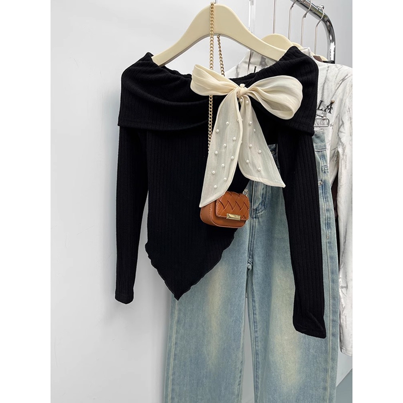 Original quality of official pictures + mousse cashmere ribbed irregular one-shoulder bow top