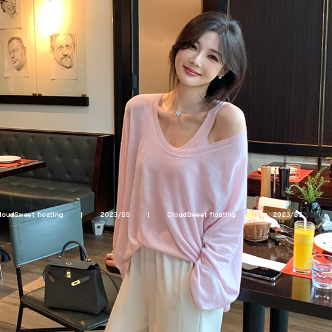 白雲甜 100s水溶羊毛防曬針織上衣女夏薄款長袖寬鬆套裝