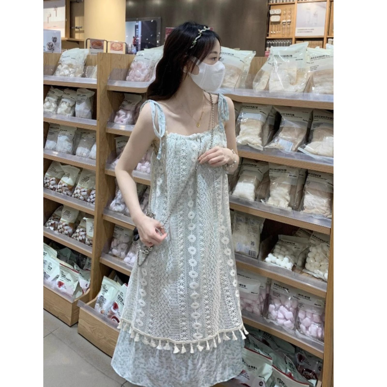 法式復古流蘇拼接甜美連衣裙子女夏季新款顯瘦氣質吊帶無袖中長裙