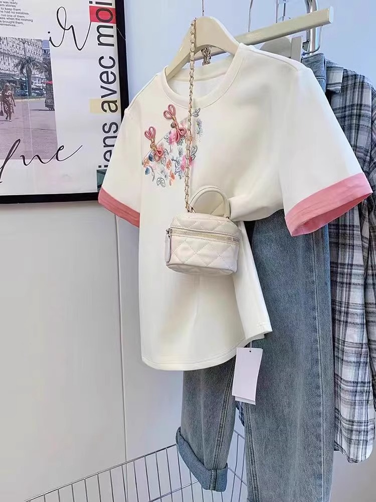 刺繡21支超爽棉210克240斤特大碼中式盤扣重工撞色T恤