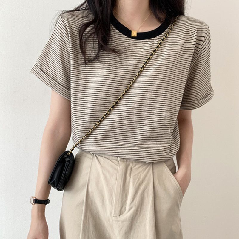 Striped T-shirt short-sleeved women's summer round neck loose top