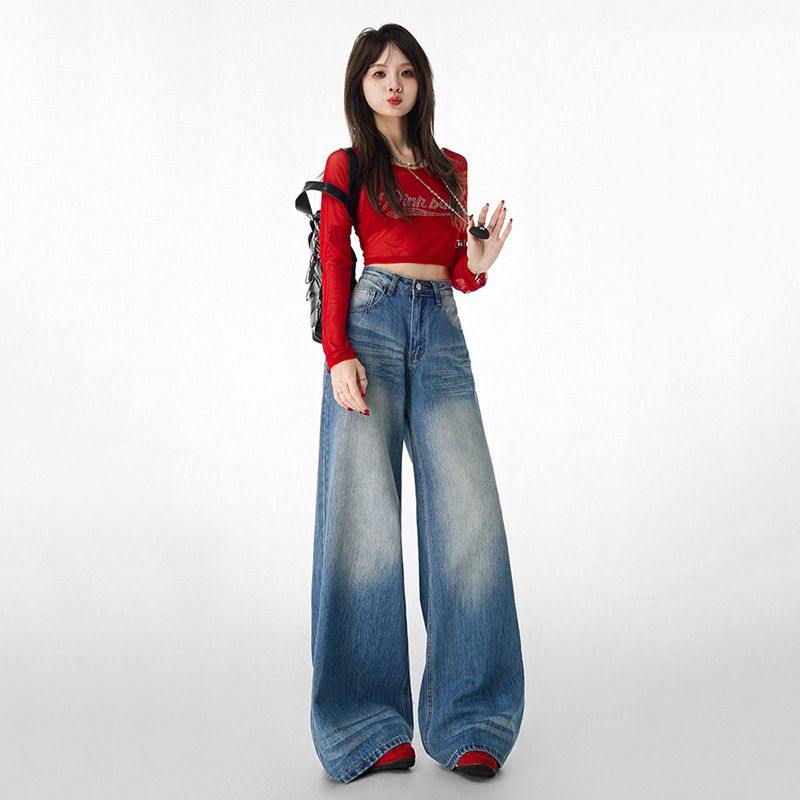 Real shot of 2025 spring fashion trend casual pants for women high waist drooping wide-leg pants