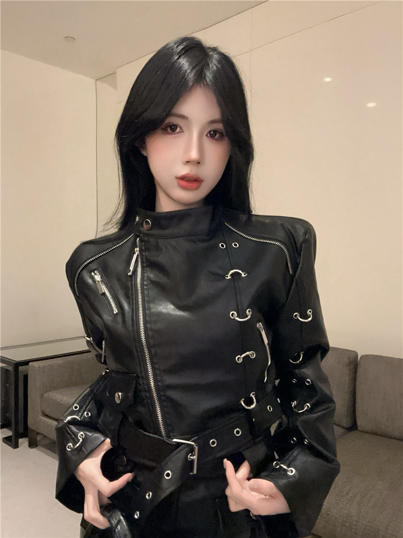 實拍~2025春季新款女裝辣妹重工機車風搭扣拉鏈夾克短外套女