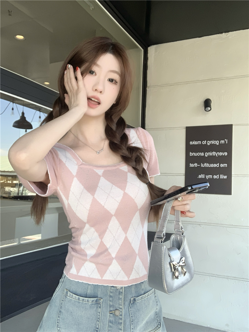 Real shot, cream chess board, original two-color diamond pattern retro Japanese miu knitted sweater