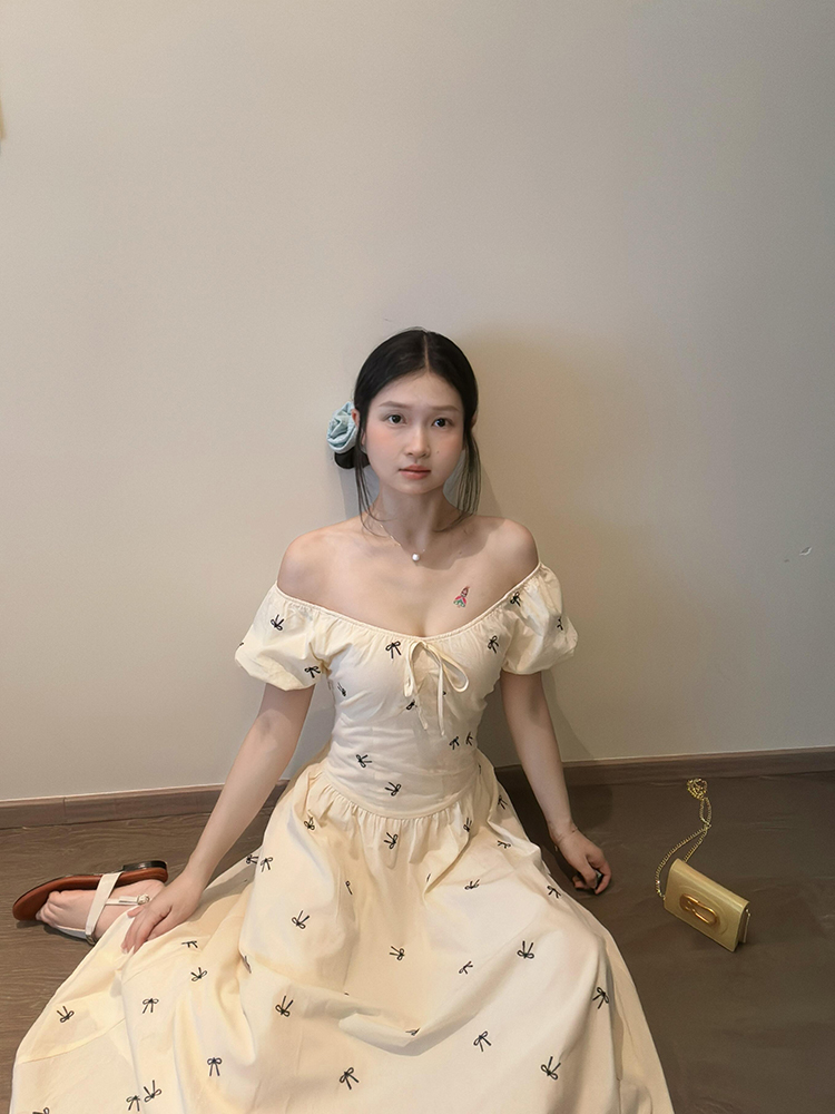Gentle square neck bow design long skirt with tea break slim waist-hugging temperament high-end and beautiful dress