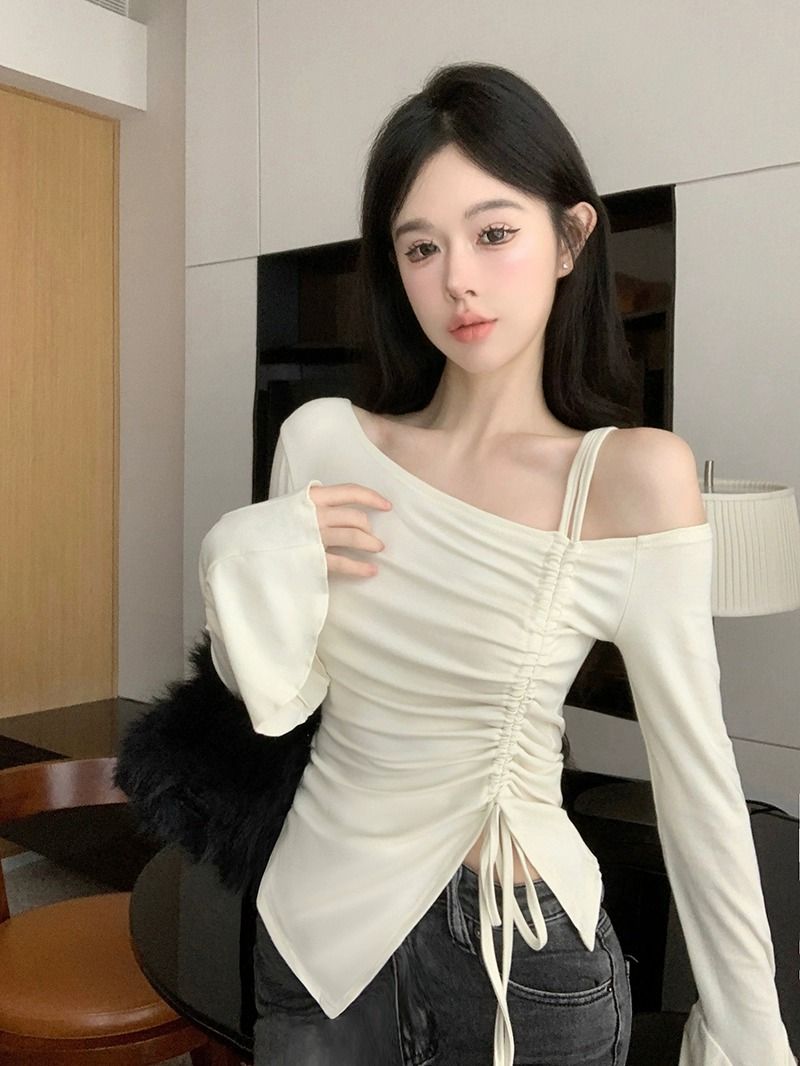 純欲風氣質時尚露肩抽繩長袖T恤閃女不規則修身顯瘦長袖打底上衣