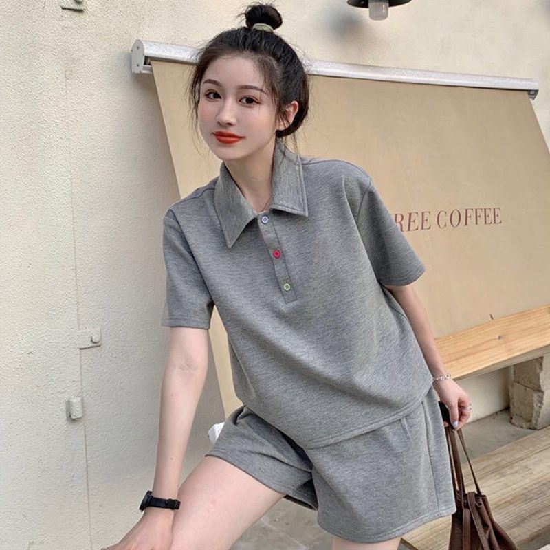 6535棉#復古洋氣減齡網紅套裝polo衫短袖t恤寬鬆闊腿短裙兩件套女