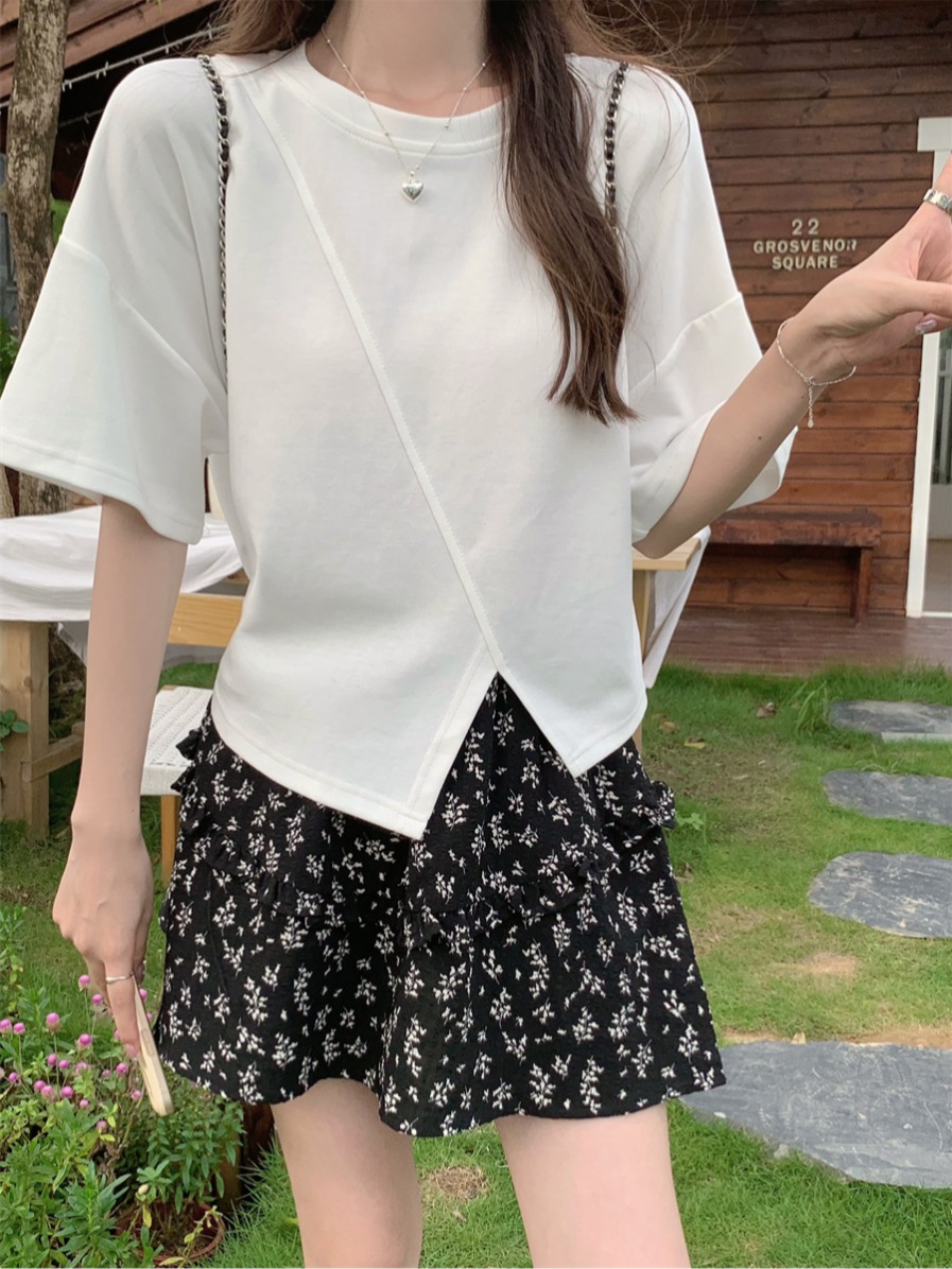 實拍純棉純色短袖T恤女夏裝新款寬鬆顯瘦不規則開叉半袖上衣體恤