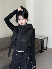 Real shot~2025 spring new spicy girl street small crowd design sense multi-pocket work jacket hooded vest coat 