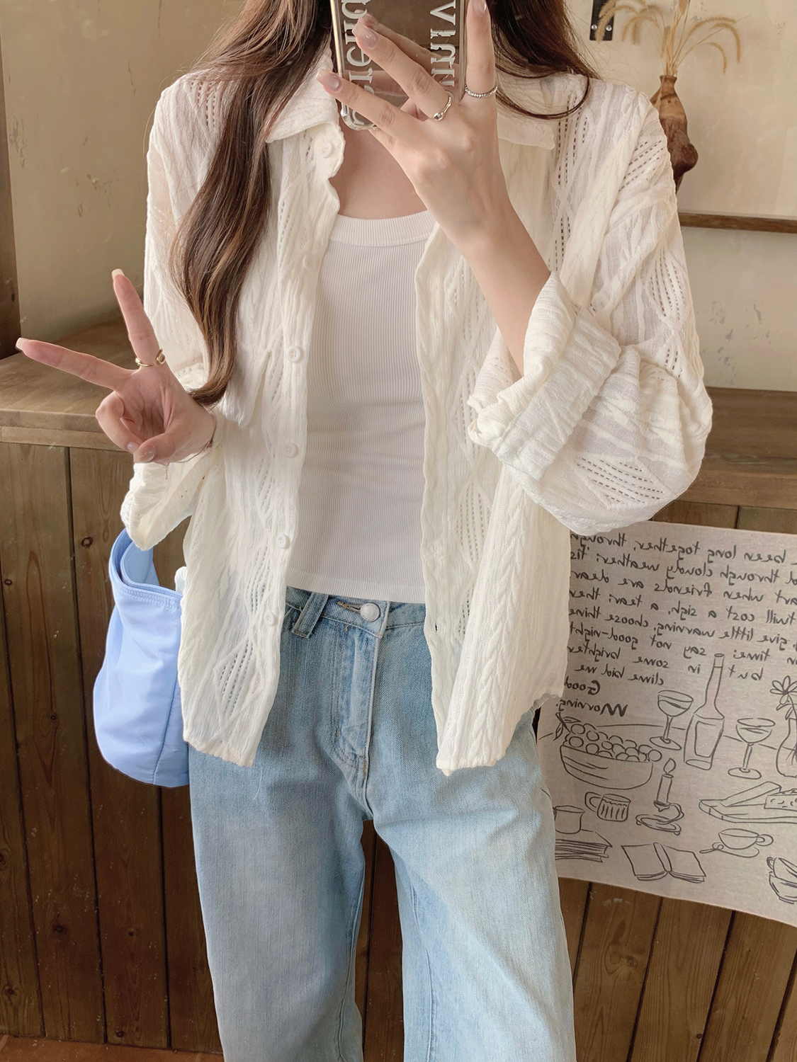 模特實拍薄款外套女春季2025新款鏤空鈎花設計感寬鬆襯衫上衣