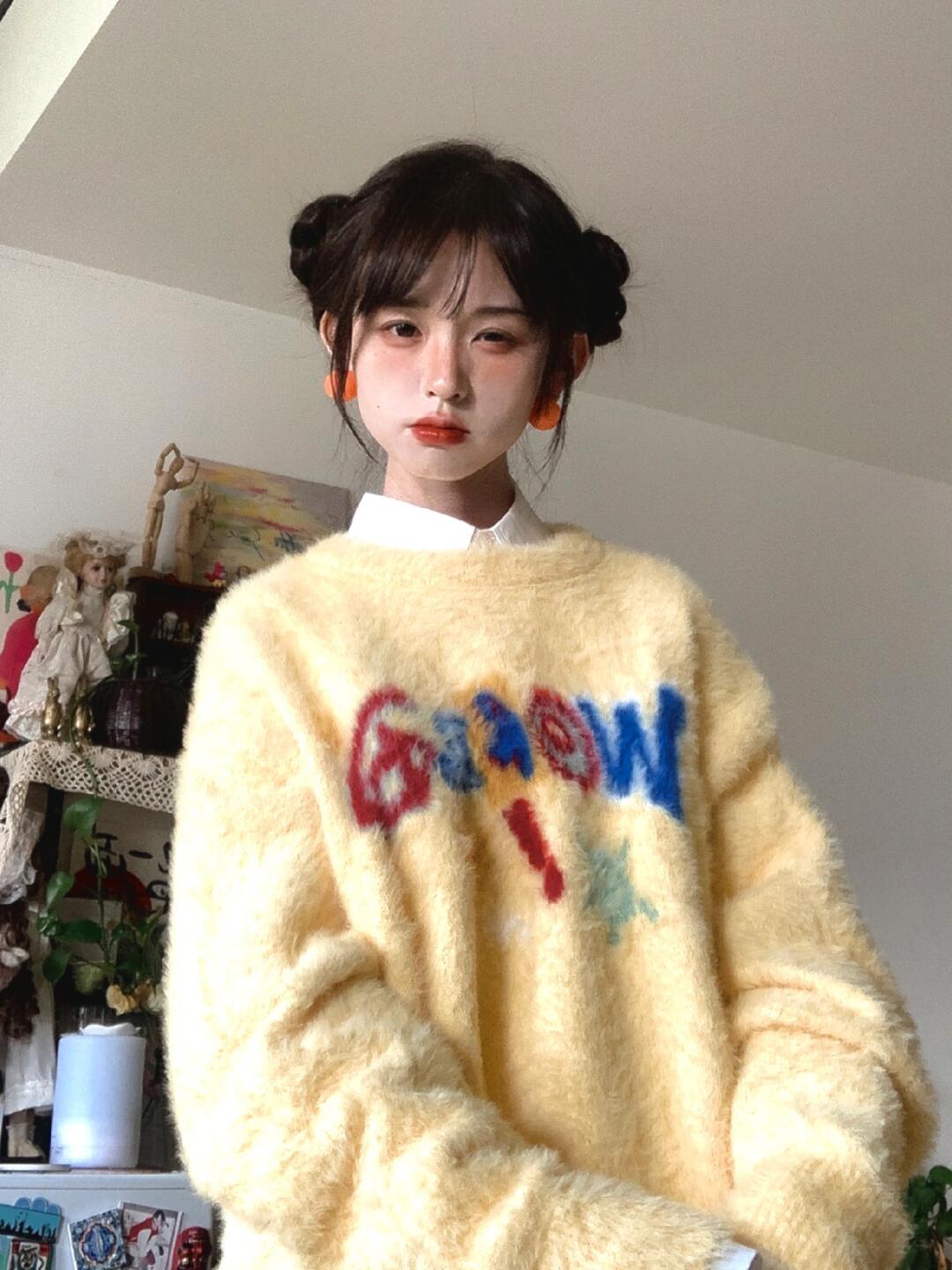 奶黃色慵懶風多巴胺穿搭秋冬款針織衫軟糯仿貂毛衣女小個子上衣潮