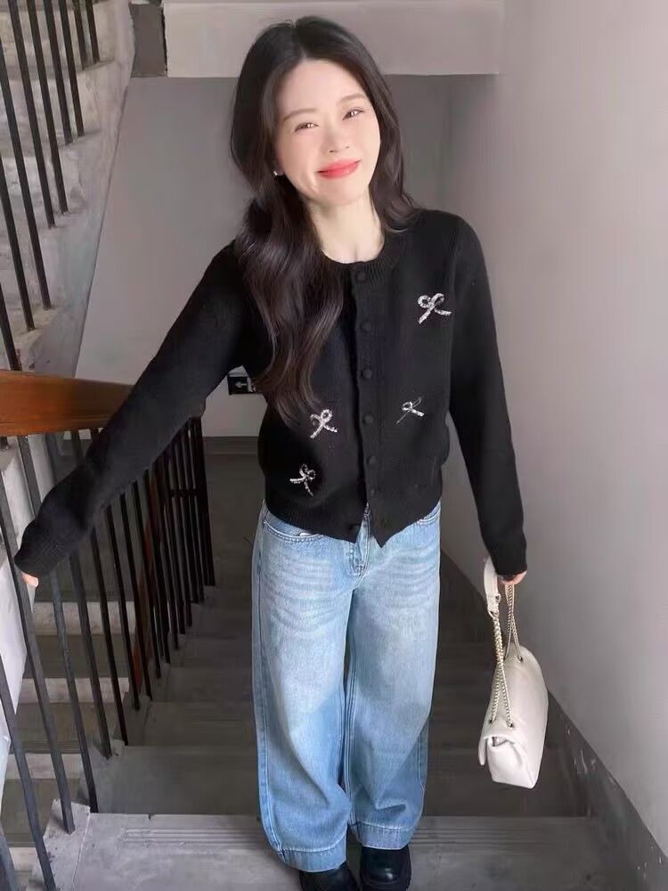 慵懶風蝴蝶結刺繡針織開衫上衣女設計感寬鬆氣質外套毛衣春季新款