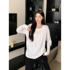 Real shot of spring Korean loose versatile basic round neck pure cotton long-sleeved base shirt T-shirt top