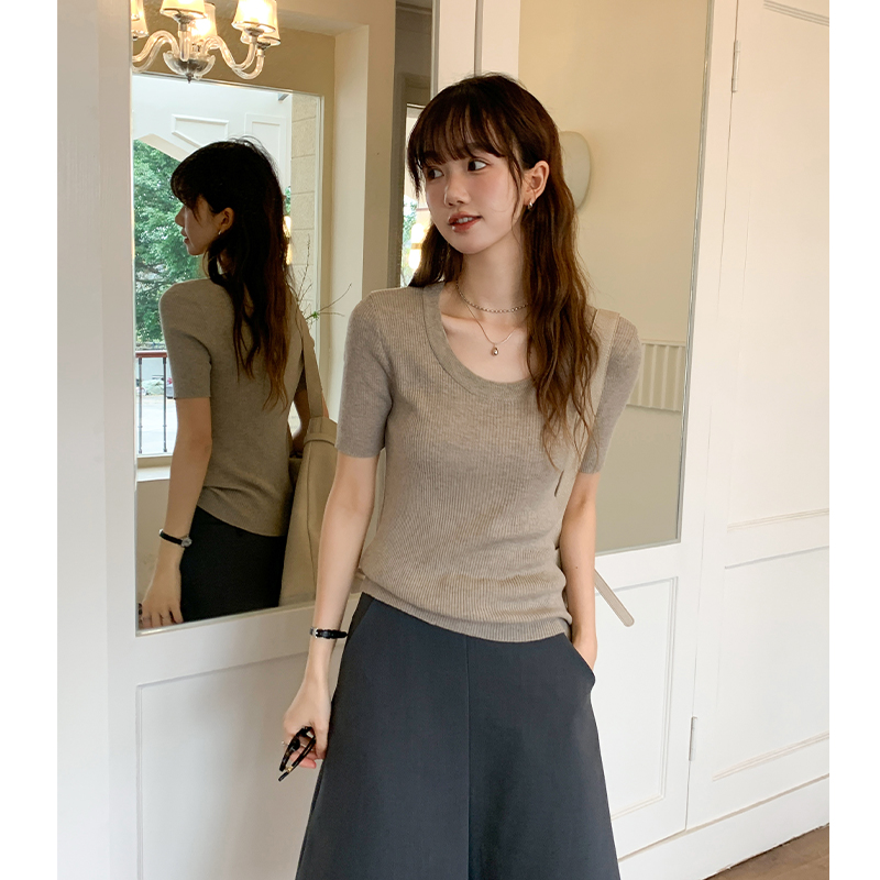 U-neck ice silk sweater short-sleeved women's slim summer basic short T-shirt top 2025 new