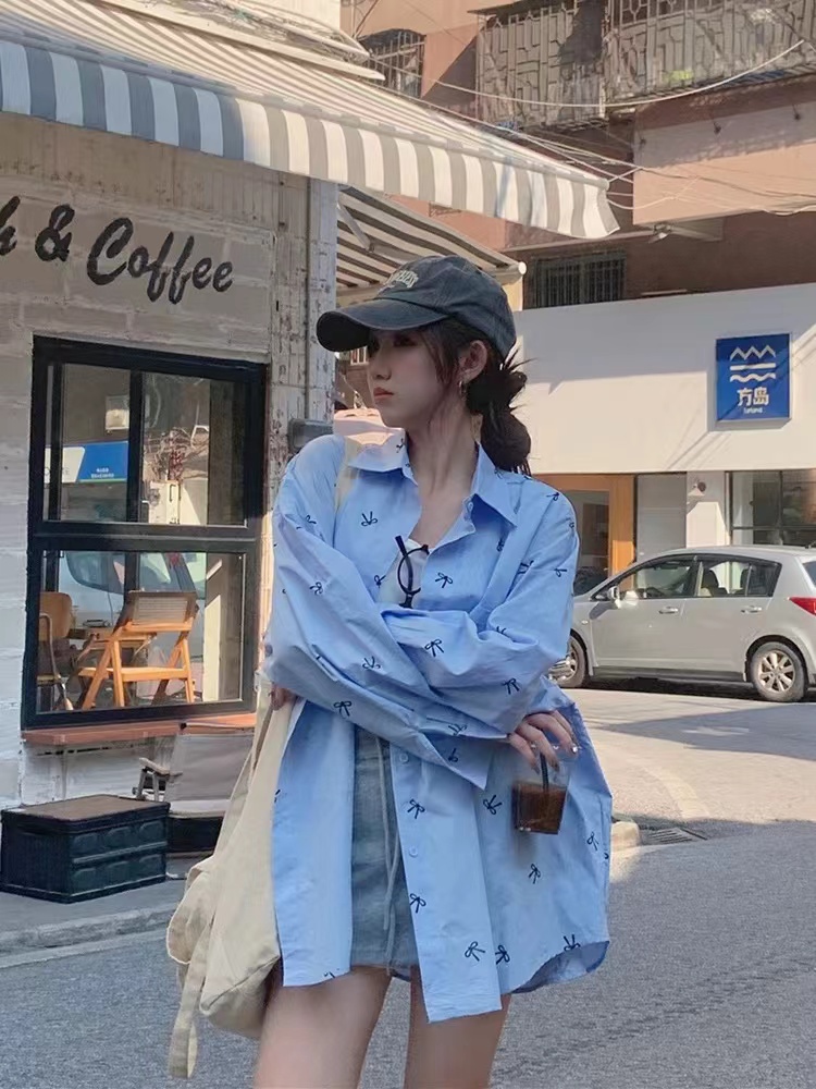 蝴蝶結印花長袖襯衫女早秋新款polo領寬鬆中長款小眾防曬開衫外套