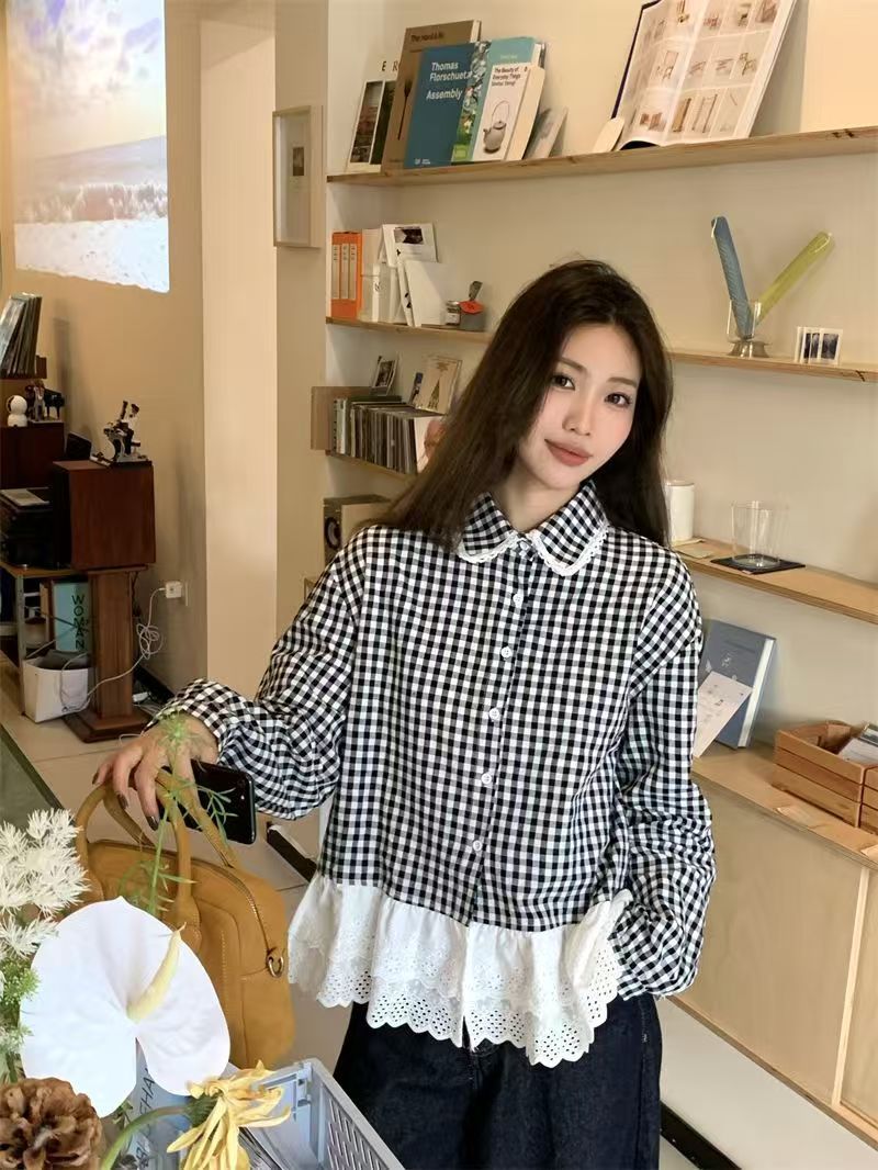 蕾絲拼接格子襯衫2025新年新款寬鬆長袖上衣娃娃顯瘦時尚原創襯衣