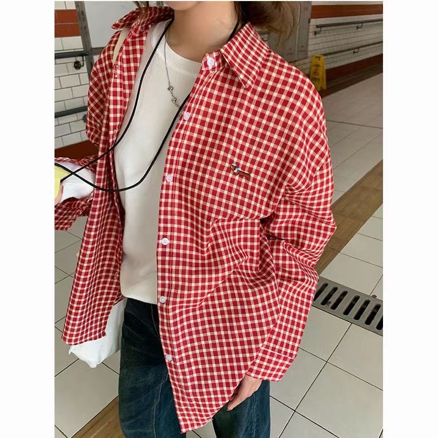 Dachshund puppy embroidered plaid shirt for women in spring and autumn 2025 new Korean lazy plaid jacket small top