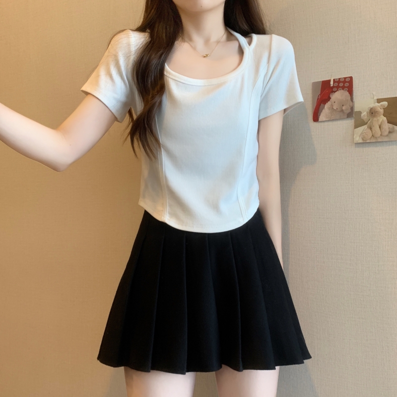 Real shot 40 pure cotton 210g 92 cotton/8 spandex halter neck short-sleeved T-shirt women's design sense