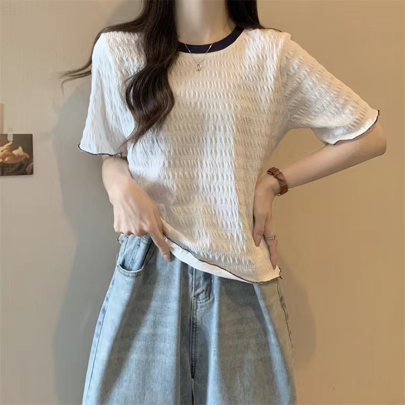 實拍卷邊撞色短袖T恤女