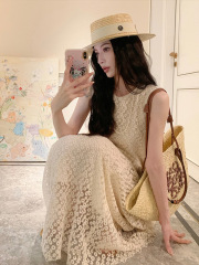 2025 new loose heavy industry lace spliced ​​sleeveless dress for women in summer design niche casual long skirt