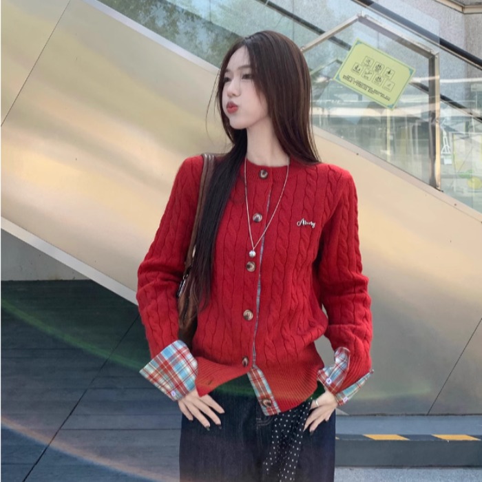 韓系學院風格紋拼接袖口麻花針織開衫女冬季新款高級復古圓領毛衣