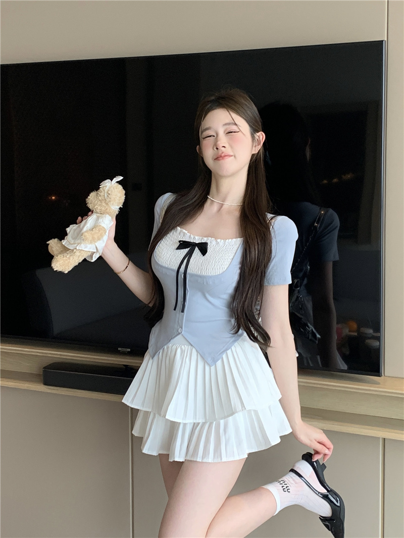 實拍~法式甜辣妹設計感小眾蝴蝶結短袖t恤高腰半身短裙套裝女