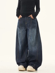 Bent-knife design water-washed deep blue denim jeans for women, American retro high street floor-length straight-leg wide-leg loose pants