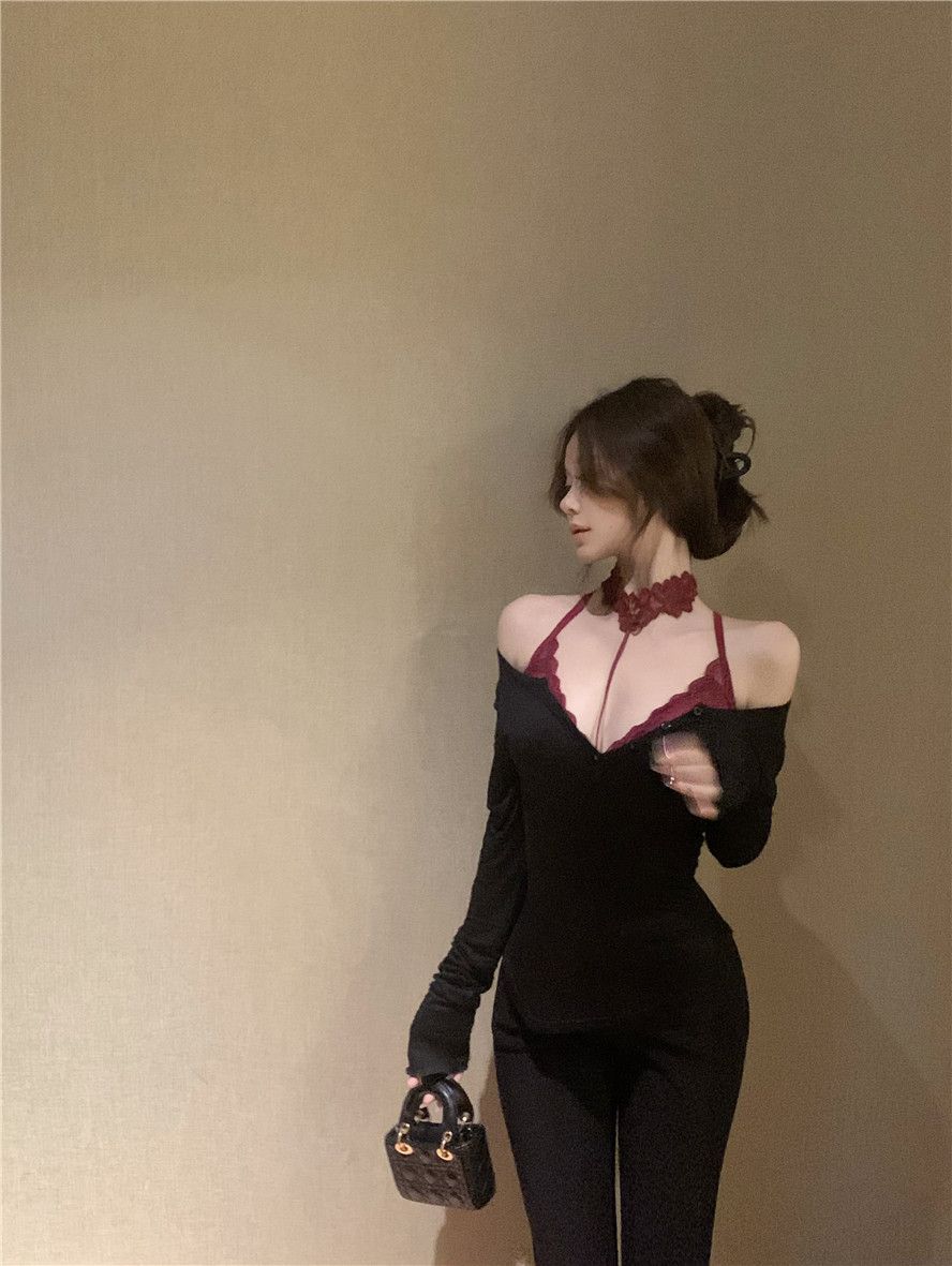 260g cotton + original lace black sexy one-shoulder long-sleeved T-shirt for women with pure base top