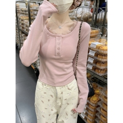 Real shot of early spring Korean version of pure square necklace button slim cashmere base shirt long-sleeved T-shirt top