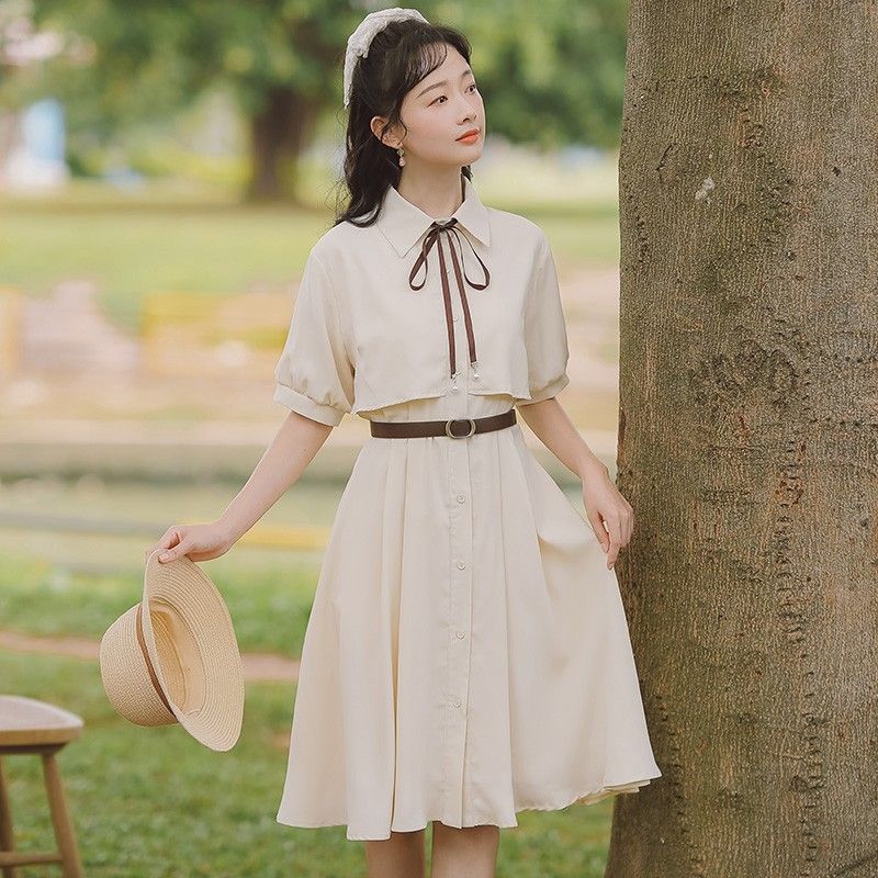 學院風連衣裙女裝夏氣質法式復古收腰學生桔梗裙顯瘦赫本風小黑裙
