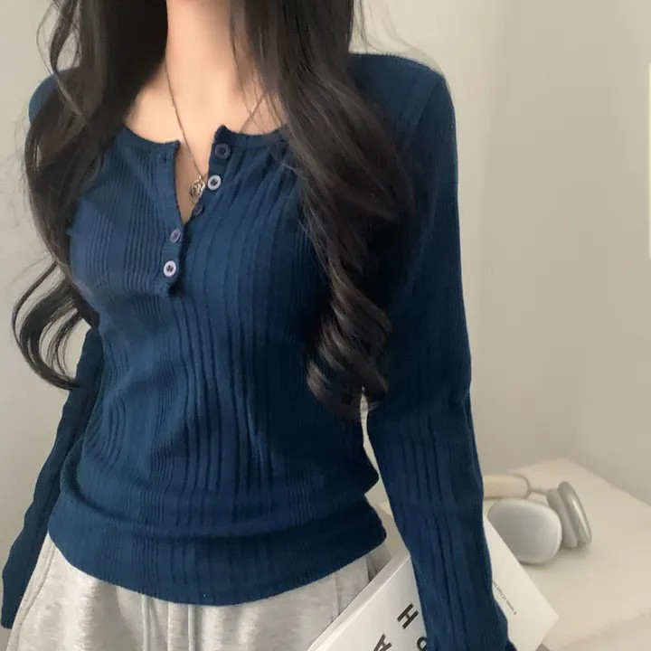 Korean chic spring new style long-sleeved knitted half-open buckle slim fit pit strip base temperament top