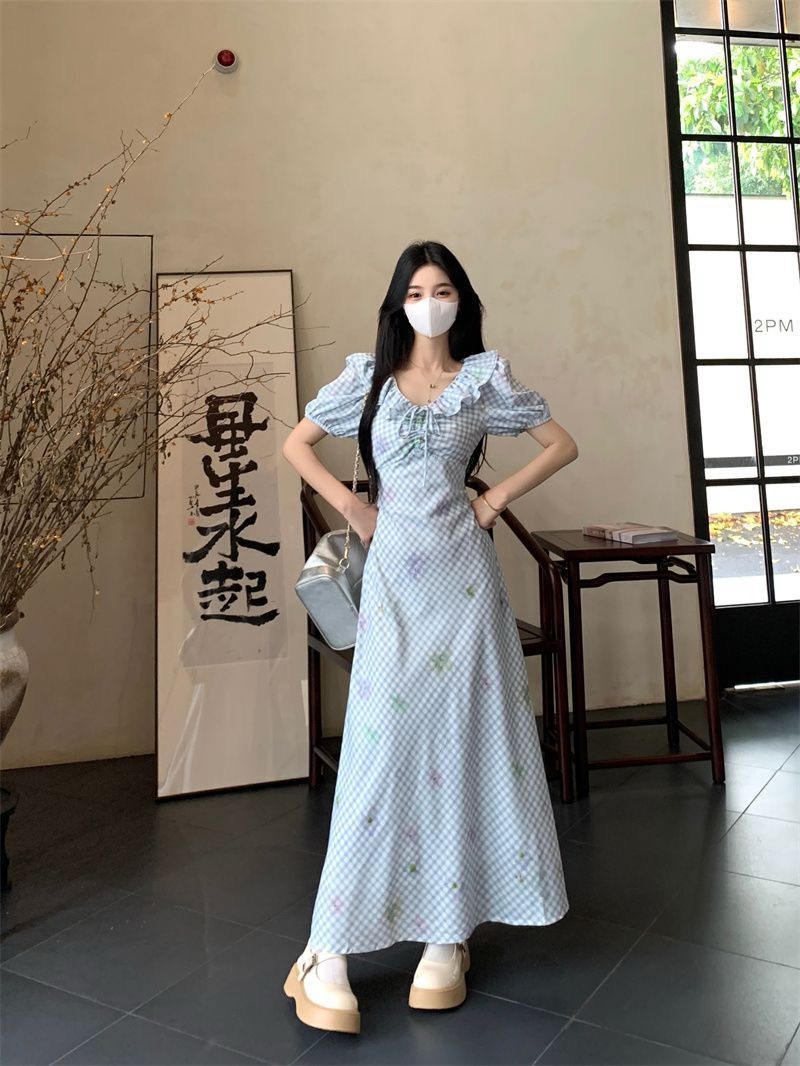French blue smudged first love dress summer new style waist-hugging to make you look slim and bubble lotus leaf plaid long skirt