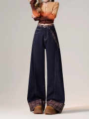 High-waisted Plaid-Panel Denim Pants for Women | Spring/Summer New Arrival | American-style Streetwear | Straight-Leg Design | Loose Fit with a Flowing, Floor-Sweeping Silhouette