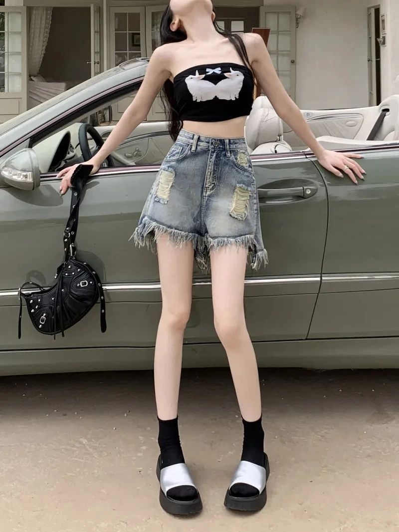 Hot girls used denim shorts for women in summer new high waist loose wide legs slimming legs long hairy hot pants trendy