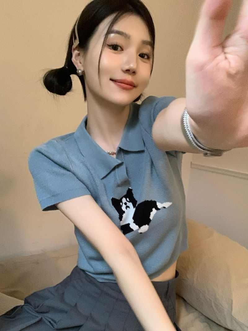 Summer 2025 new Korean Polo neck short jacquard top for women's short-sleeved T-shirt ins trendy