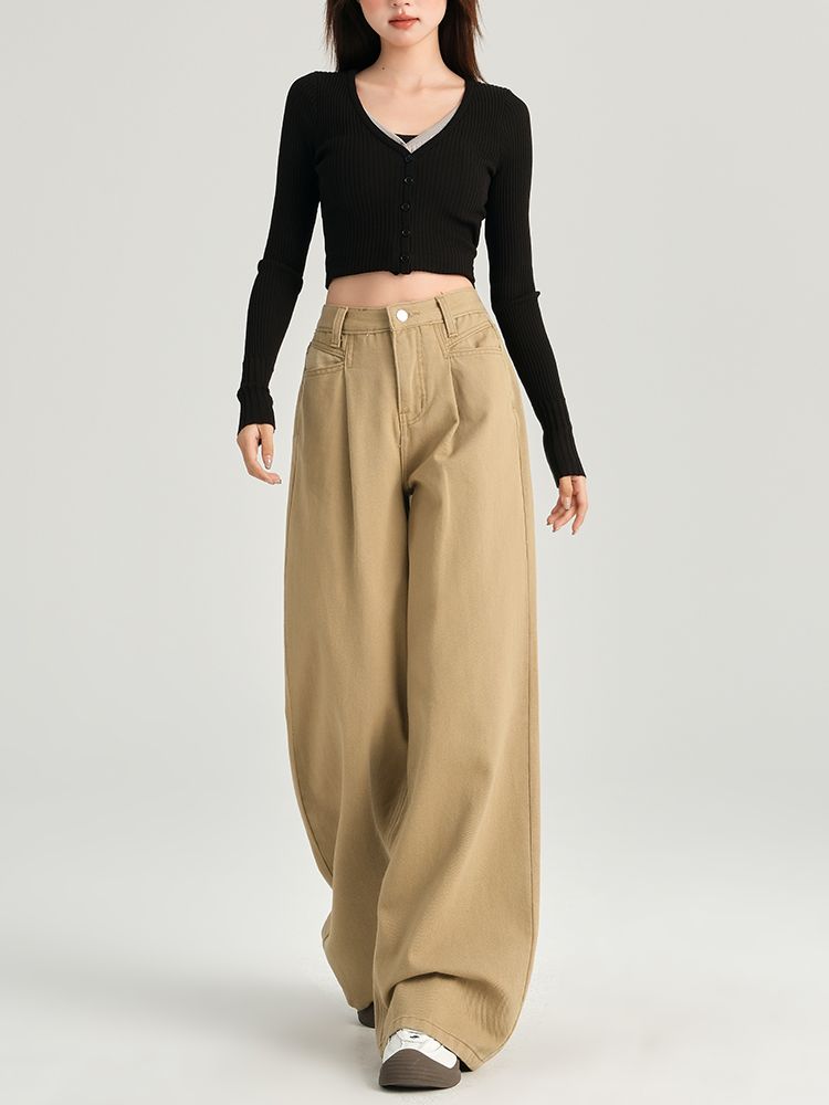 Real shot of 2025 spring fashion straight jeans for women with high waist loose slimming wide-leg floor trousers