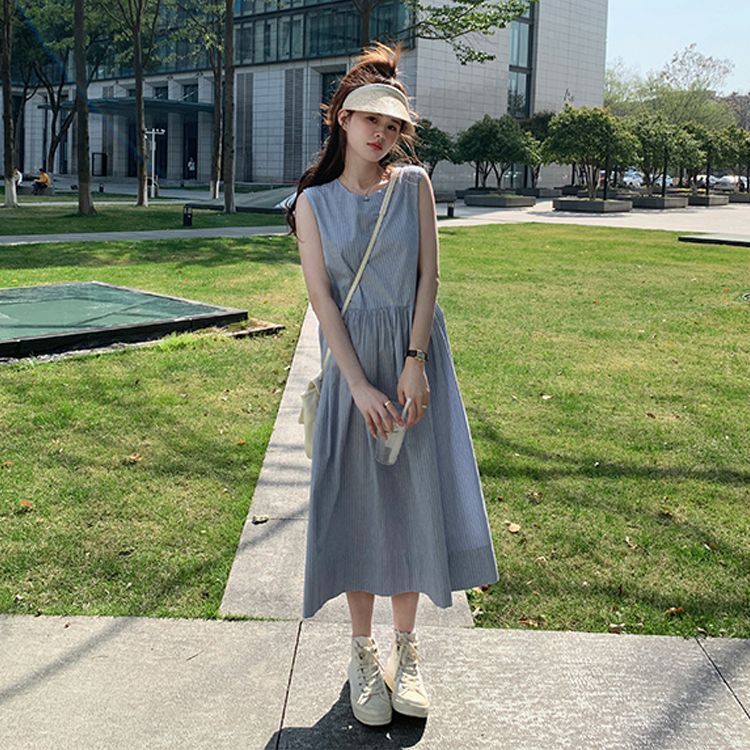 學院風條紋背帶連衣裙女學生韓版寬鬆百搭中長款收腰顯瘦背心裙子
