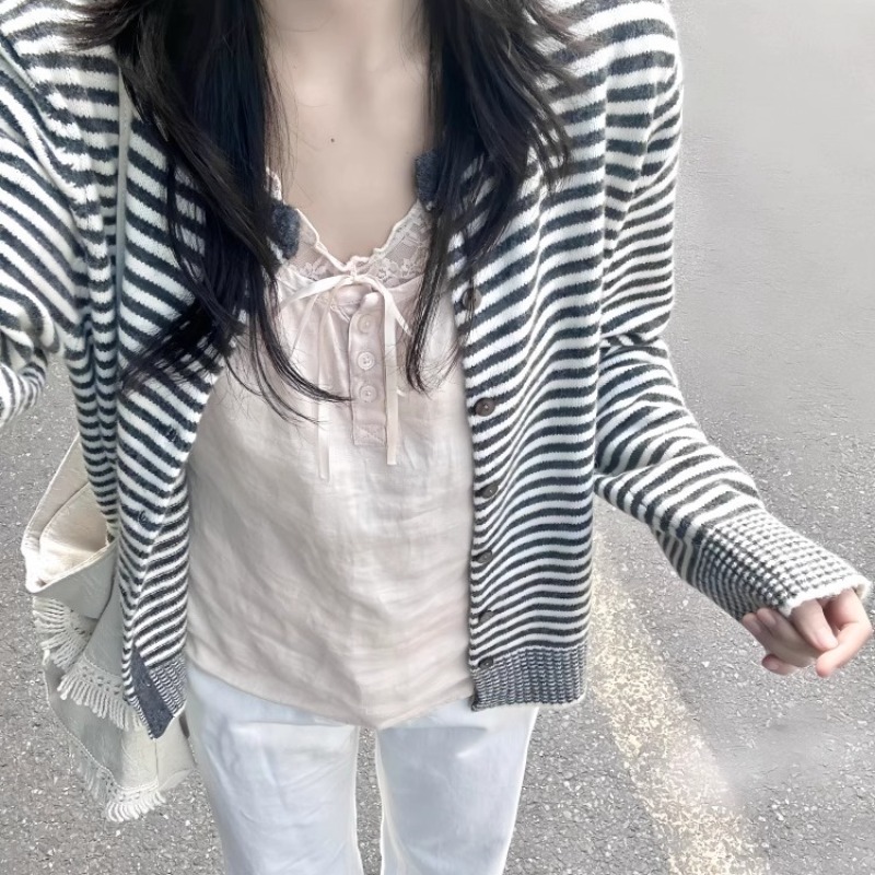 灰色條紋針織開衫毛衣女2025春秋新款慵懶風寬鬆休閒上衣外套