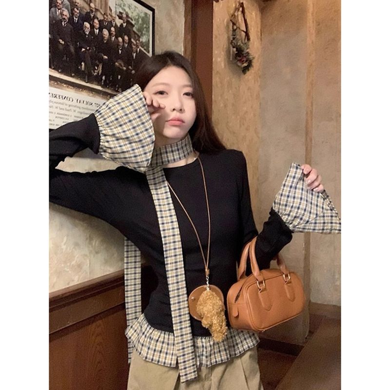 彩棉羅紋假兩件撞色長袖T恤修身打底衫內搭上衣