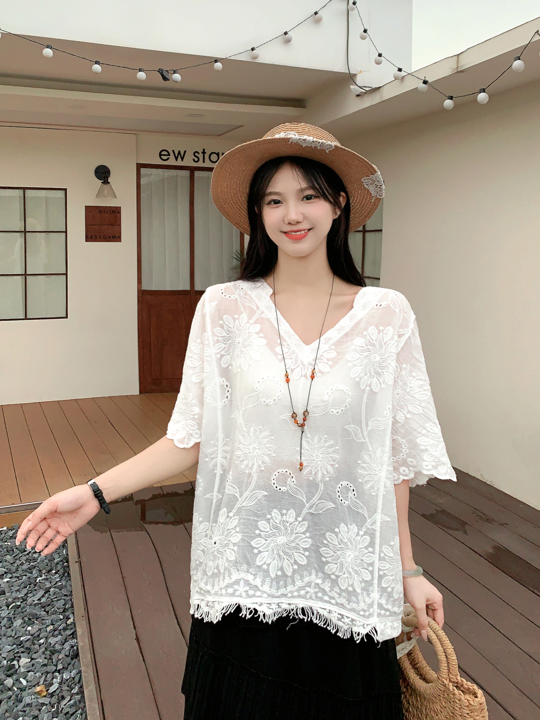 chic溫柔米色仙女娃娃衫夏重工花朵鏤空刺繡波浪花邊套頭短袖上衣