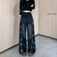 實拍~美式高街撞色格紋拼接牛仔褲女新款辣妹寬鬆垂感闊腿褲
