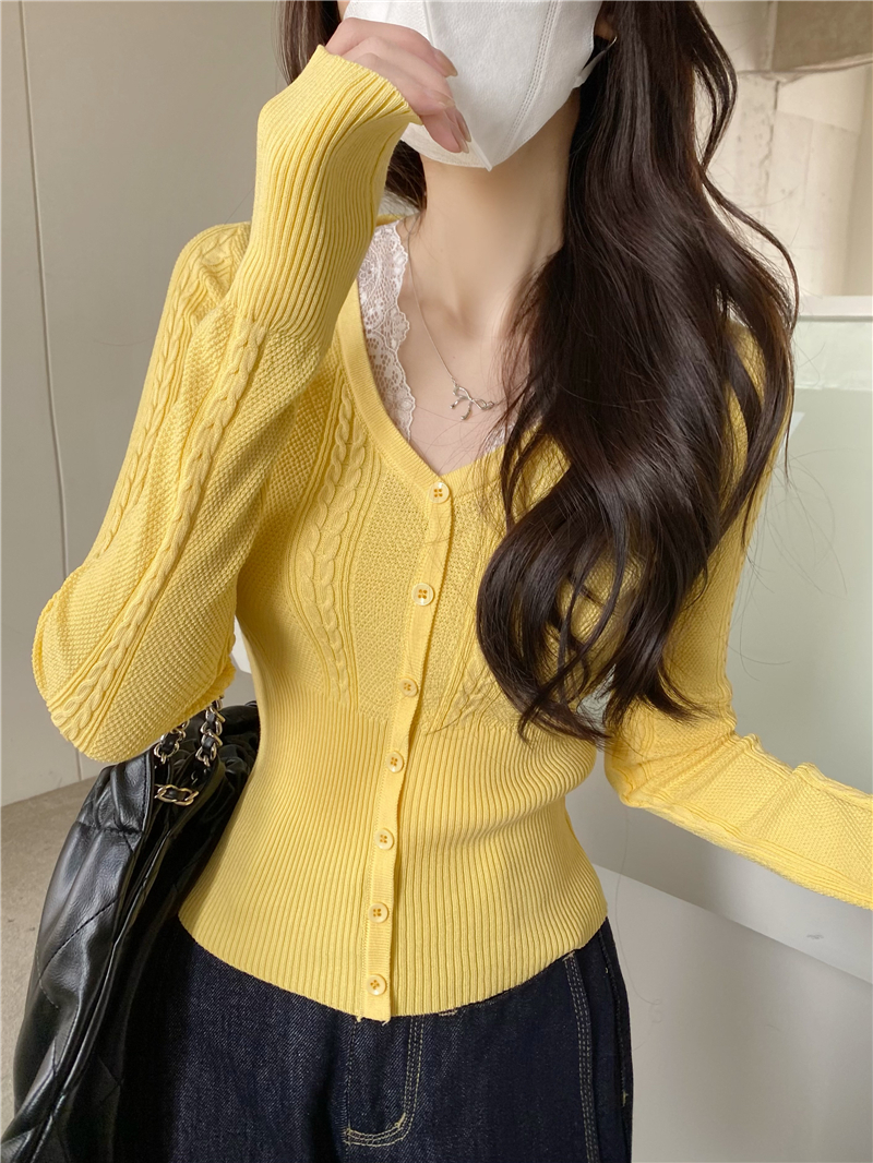 Real shot, retro design, lace spliced ​​slim sweater for women, new spring long-sleeved top