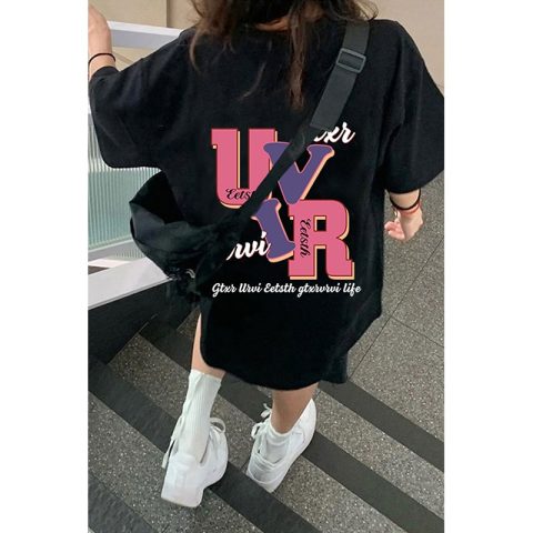 黑色卡通純棉短袖T恤女2025新款春夏季寬鬆oversize大碼半袖上衣
