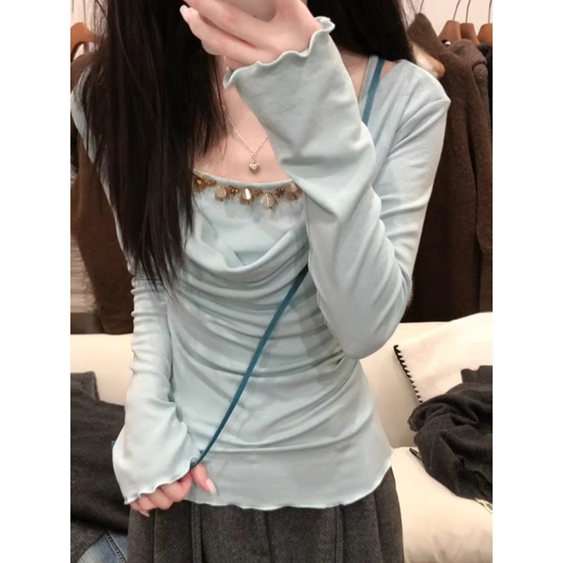 Modal 260 spliced ​​fake two-piece sequin suspender long-sleeved T-shirt for women's spring pleated slim fit pure slim top