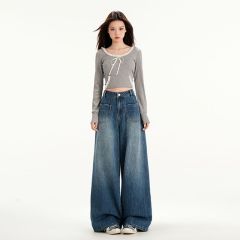 Real shot of 2025 spring fashion trend casual pants for women high waist drooping wide-leg pants