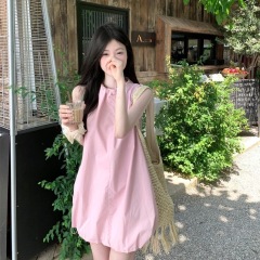 Gentle style age-reducing design pink lace-up dress for women in summer 2025 new solid color flower bud skirt short skirt trendy