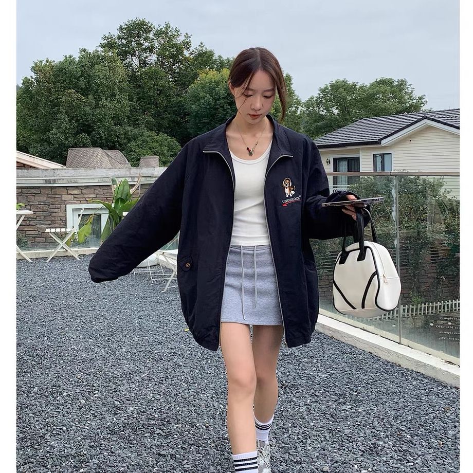 韓版慵懶風狗狗棒球服外套女韓系春季夾克上衣立領工裝開衫