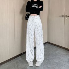 實拍~美式白色波點牛仔褲女春新款褲子高腰顯瘦寬鬆闊腿長褲