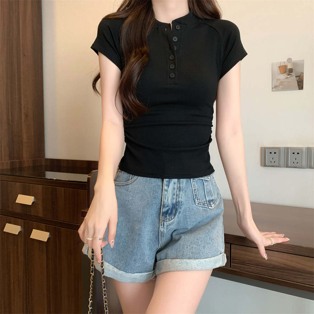 Real photo 40 pure cotton 210g 92 cotton/8 spandex short-sleeved T-shirt women's buttons