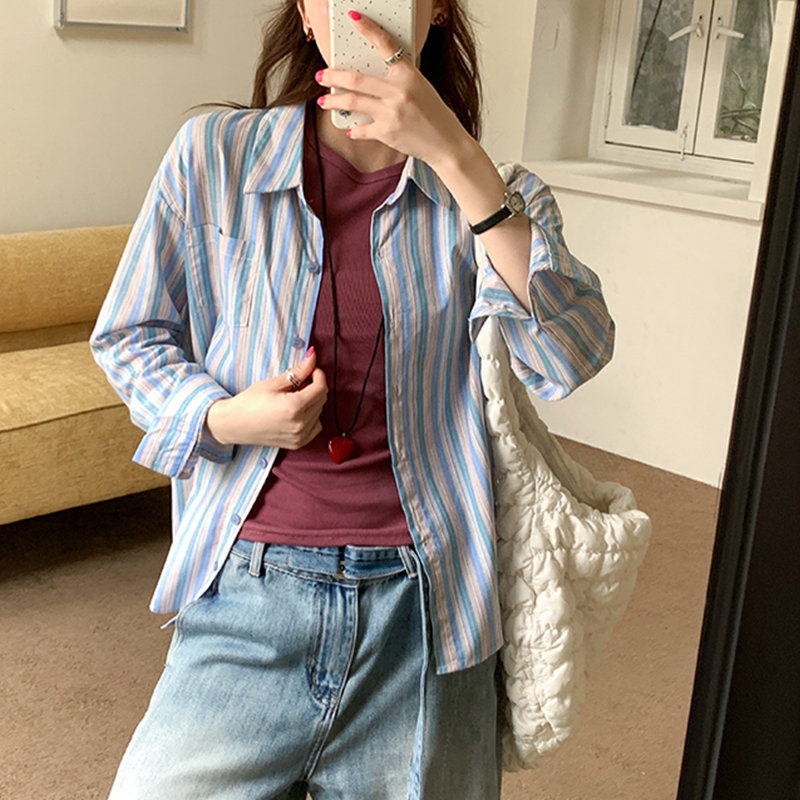 Korean striped shirt long sleeves for women spring 2025 new mid-length loose shirt jacket